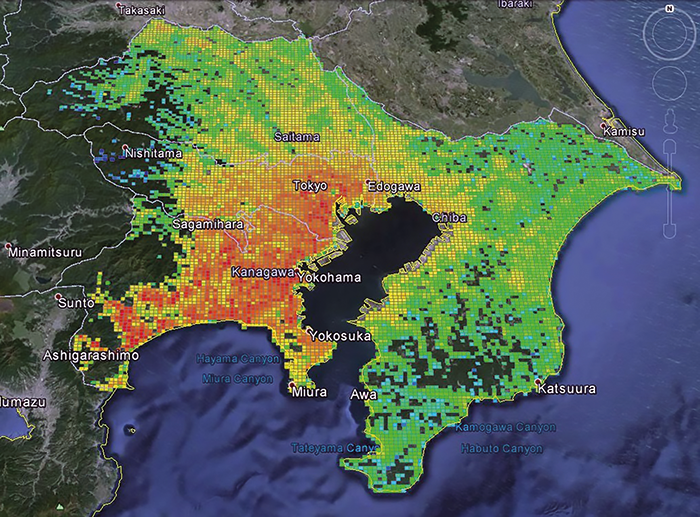 Figure 4. Example of kml map produced by KazanRisk describing building loss on a 1km grid over the Greater Tokyo region, Japan. Map presented on Google Earth base layer.