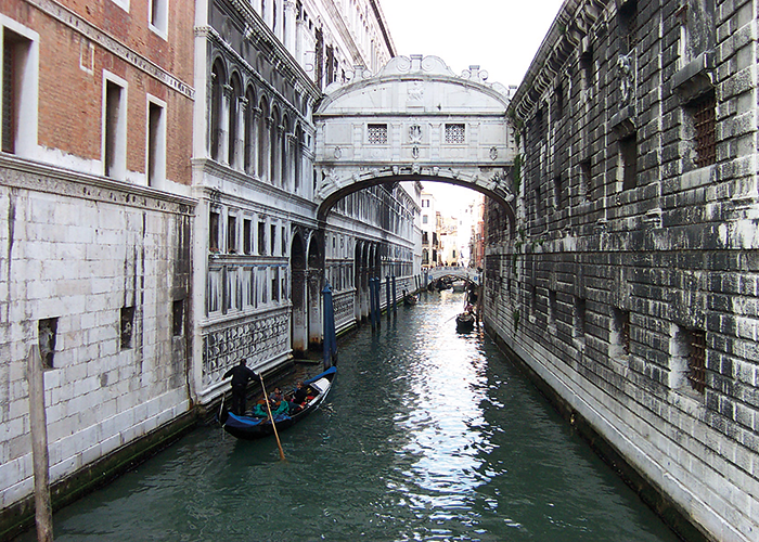 The name ‘Bridge of Sighs’ comes from a poem by Lord Byron. Local Venetian legend says that if a couple kiss underneath the bridge at sunset they will have eternal love.