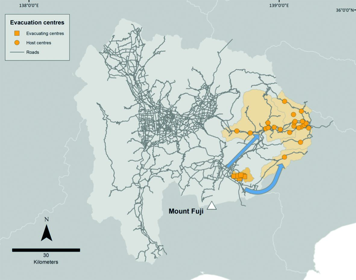 Figure 4: Evacuation centres in Oshino, Otsuki, Uenohara and Doshi cities where residents will travel to and from, and the main road transport routes between Oshino and host cities (blue arrows).
