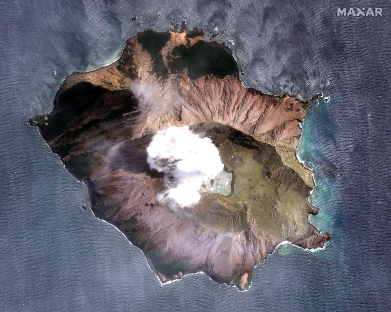 Figure 1. White Island Volcano three days after the 9 December 2019 eruption. Image courtesy of NASA
