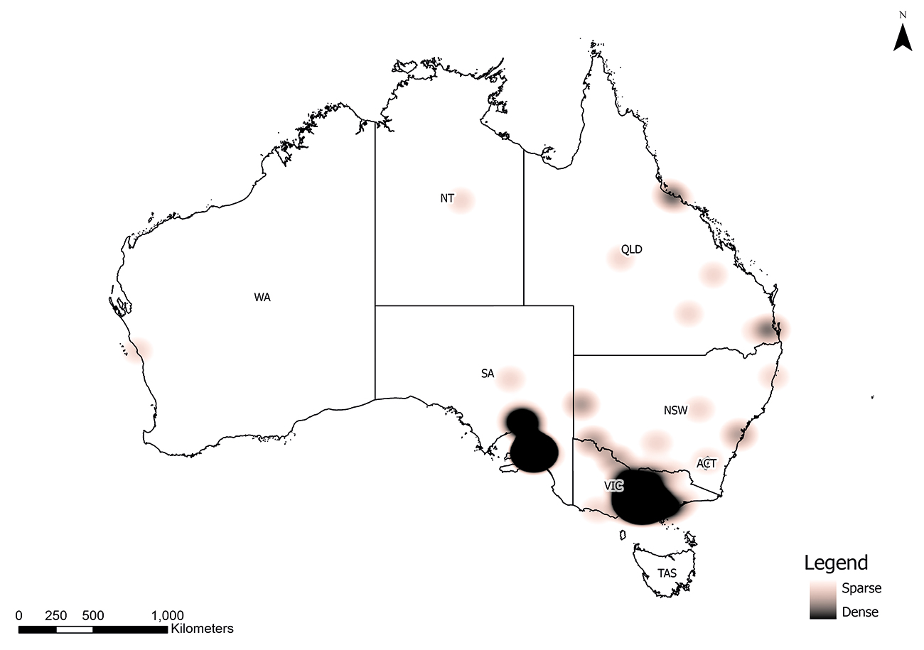 Figure 1: Heatwave incident locations in Australia, FY2001 to FY2018. Higher densities of heatwave fatalities are indicated by larger/ darker hotspots.