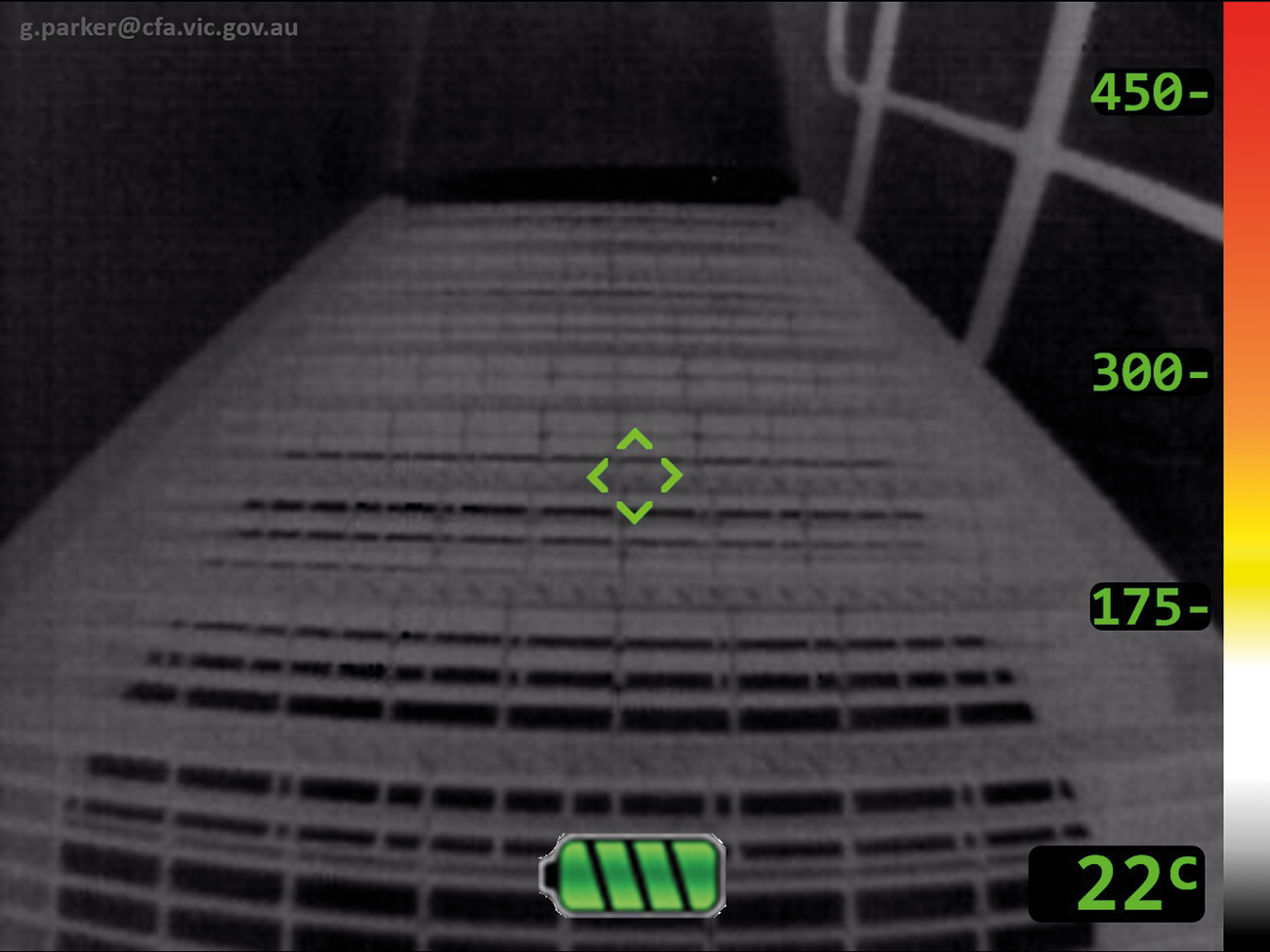 Even with some linear perspective and other details indicated, it may be still difficult to estimate the distance, position and number of steps on the metal staircase. Care needs to be taken, whilst navigating these types of hazards.