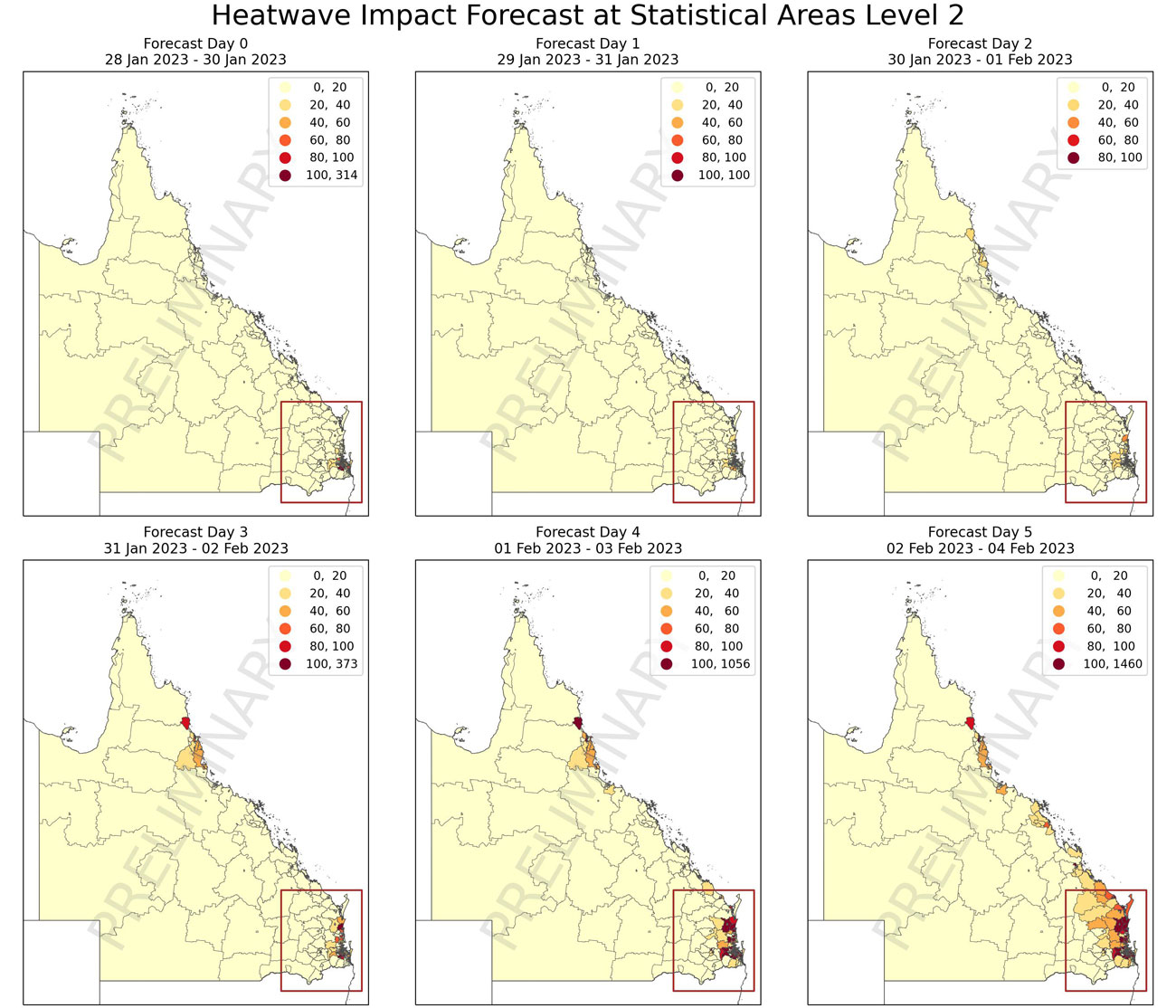 [Figure 3: Pilot Heatwave Impact Forecast at Statistical Area Level 2 as of 30 January 2023 for (a) State and (b) SEQ.
