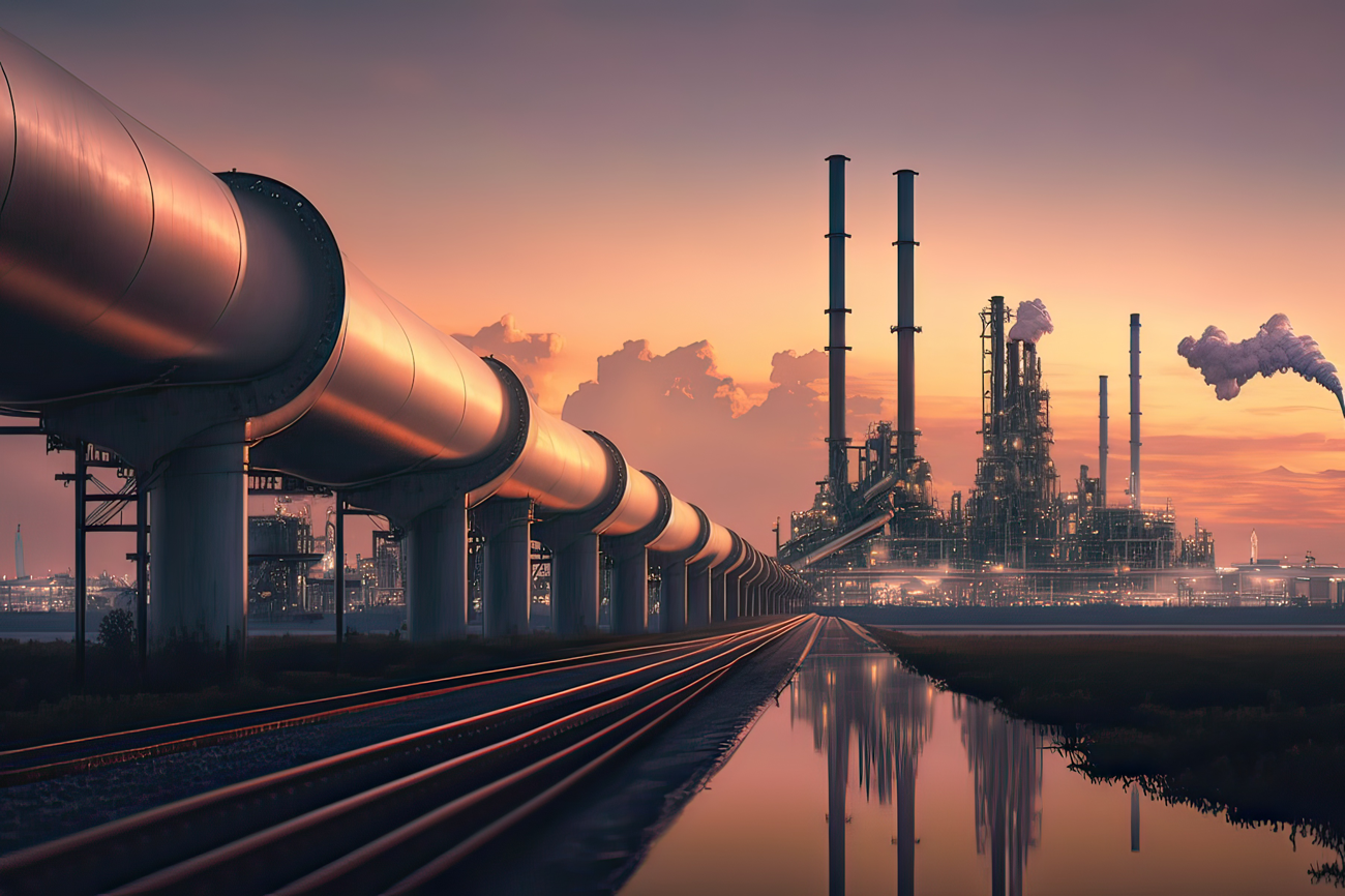 Oil pipeline running into factory in industrial park.