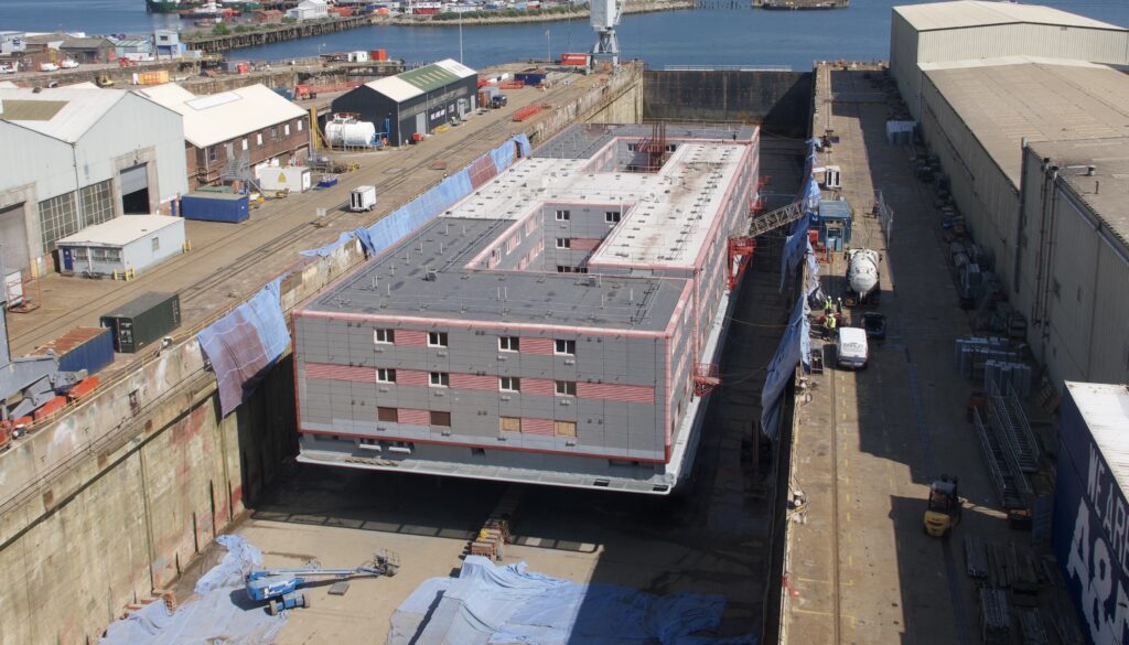 Bibby Stockholm Barge in dry-dock in Falmouth