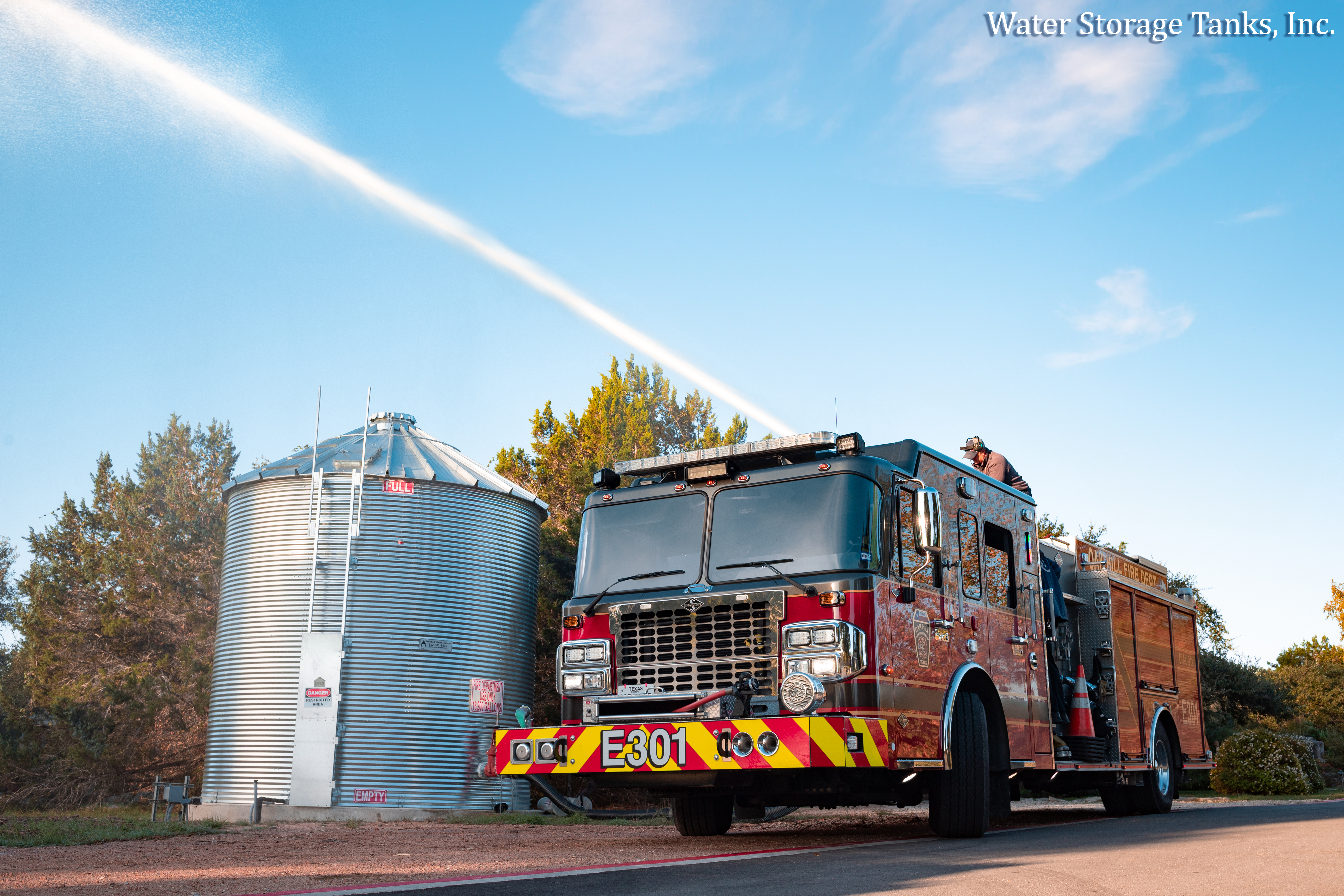 A local fire department conducts a fire marshal inspection/field test on an NFPA 22 equivalent CorGal® fire protection tank in Central Texas. (Photo by Josh Cizek/Water Storage Tanks, Inc.)